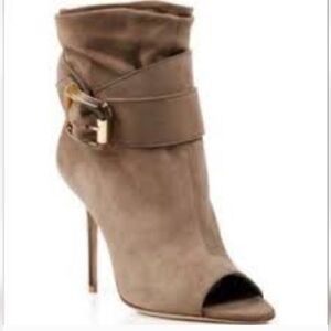 Burberry Taupe Suede Open-Toe Stiletto Bootie with Buckle